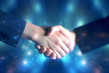 Business handshake closeup over blue out of focus background and volumetric lights rays Generative AI