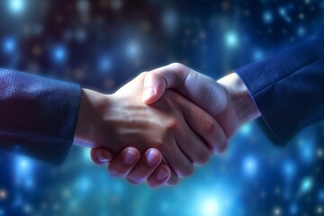Business handshake closeup over blue out of focus background and volumetric lights rays Generative AI