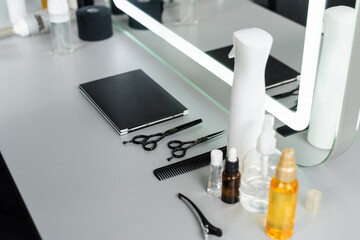 professional salon tools, hairdressing scissors, bottles, hair oil, hair clip, comb, hair palette...