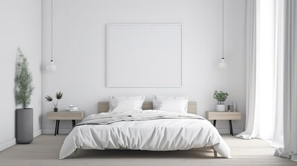 Fototapeta na wymiar Mock up poster in white bedroom, 3d illustration, Bright color. Generative Ai
