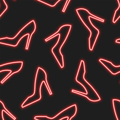 Women's neon red shoes on black background. Vector seamless pattern. Best for textile, print, wrapping paper, package and festive decoration.