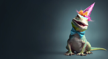 Creative animal concept. Lizard reptile in party cone hat necklace bowtie outfit isolated on solid pastel background advertisement, copy text space. birthday party invite invitation 