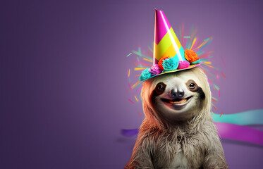 Creative animal concept. Sloth in party cone hat necklace bowtie outfit isolated on solid pastel background advertisement, copy text space. birthday party invite invitation 