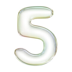 Soap bubble number 5 in 3d rendering. Glass glossy digit for math, education and business concept.