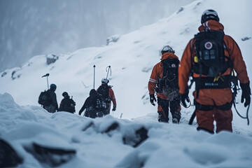 In the Face of Danger. Rescue team navigates through a treacherous snowstorm, searching for missing people buried in an avalanche. Emergency response concept Ai Generativ