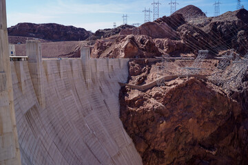 Scenic view of the wall of Hoover Dam near Tillman Memorial Bridge, Nevada Arizona state line, USA. Renewable energy plant in Lake Mead National Recreation Area near Las Vegas
