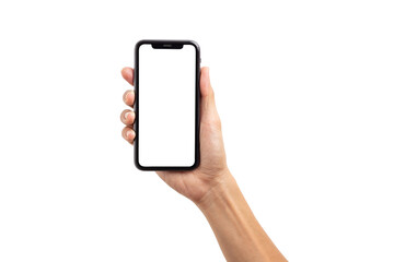 Hand business man holding mobile smartphone with blank screen with space for inserting advertising text. isolated on white background with clipping path