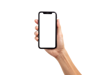 Hand business man holding mobile smartphone with blank screen with space for inserting advertising text. isolated on white background with clipping path