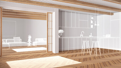 Empty white interior with parquet floor and beams ceiling, custom architecture design project, white ink sketch, blueprint showing minimal kitchen and living room