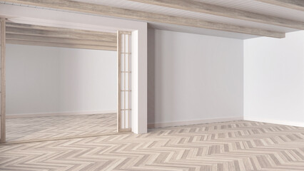 Empty room interior design, open space with bleached parquet floor, wooden beams ceiling, white walls, modern japandi architecture concept idea