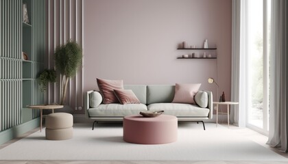 Fototapeta na wymiar Modern living room with pastel colours. 3d rendering