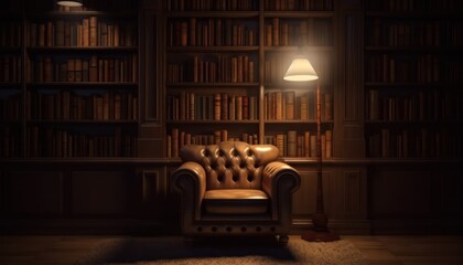 Obraz na płótnie Canvas Reading room in old library or house.Vintage style leather armchair with ceiling lamp.Night scene room.3d rendering