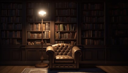 Reading room in old library or house.Vintage style leather armchair with ceiling lamp.Night scene room.3d rendering