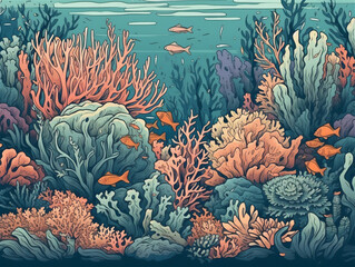 Fototapeta na wymiar Illustration of a clean and waste-free underwater marine environment of the Mediterranean Sea, July 8th International Day of the Mediterranean Sea