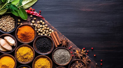 Red spices and herbs on black table with space for recipe. Colorful seasoning in cups, food background, top view.