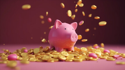 Golden coin flowing and dropping from heap to pink piggy bank for Money saving and deposit investment to get profit and dividend concept. generative ai