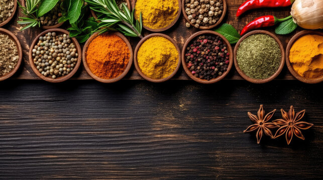Red spices and herbs on black table with space for recipe. Colorful seasoning in cups, food background, top view.