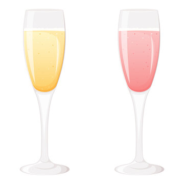Pink and classic glass of champagne isolated on white background.