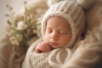 A photograph showing the innocence and purity of a newborn baby in a comfortable, dreamlike setting. Generative AI - obrazy, fototapety, plakaty