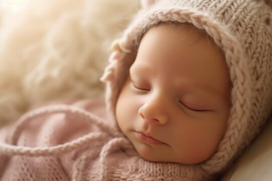 A photograph showing the innocence and purity of a newborn baby in a comfortable, dreamlike setting. Generative AI