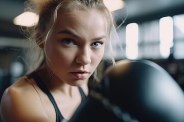 Obraz na płótnie Canvas The focus and precision of a female athlete as she practices boxing techniques at the gym. Generative AI