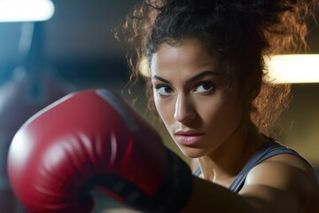 The focus and precision of a female athlete as she practices boxing techniques at the gym. Generative AI