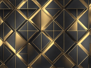 Luxury abstract black metal background with golden light lines. Dark 3d geometric texture illustration. Bright grid pattern. Pure black horizontal banner wallpaper. Elegant BG. Square diamond tiles  a