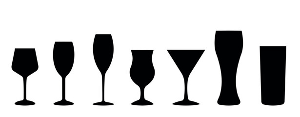 Set of glass silhouette. glass of wine, alcohol cocktail,  glass icons.  set of alcohol glasses, drink black icon