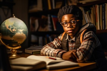 Obraz premium Environmental portrait of a african american boy student sitting at a desk in a classroom, surrounded by books and school supplies. Generative AI