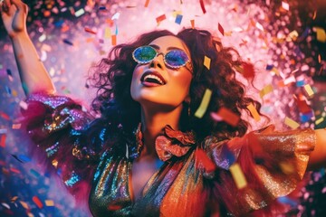 An image of a woman wearing a playful and whimsical New Year's costume, featuring a multi - colored tutu, a sequin top, and oversized party glasses. Generative AI - obrazy, fototapety, plakaty