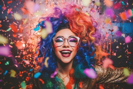 An image of a woman wearing a playful and whimsical New Year's costume, featuring a multi - colored tutu, a sequin top, and oversized party glasses. Generative AI