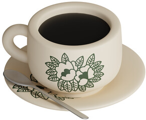 3D rendering traditional oriental style coffee in vintage floral pattern cup and plate set with tea spoon illustration icon