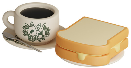 3D rendering breakfast set icon. Traditional oriental style butter bread toast and black coffee kopi-o. Vintage Nanyang style coffee cup and plate illustration