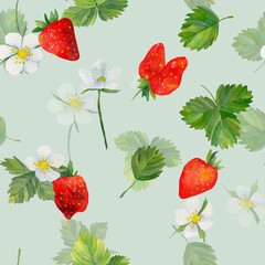 Seamless pattern with strawberries and green leaves. Red strawberry background. A hand-drawn illustration of food. Fruit print. For greetings, logo. Summer sweet and bright fruits and berries.