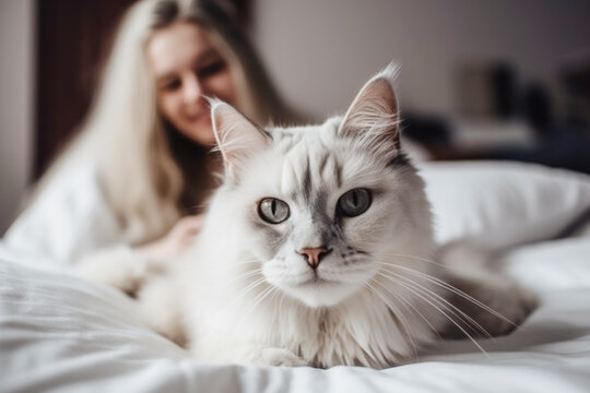 Close up of a cute shaggy cat and happy smiling woman on the bed