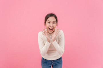 Asian beautiful woman exited surprise face expression . female feels shocked. exciting smile and happy adorable rejoices. Very enjoy and fun relax time. wow, girl holding smartphone. Smile.