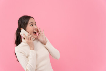 Asian beautiful woman exited surprise face expression . female feels shocked. exciting smile and happy adorable rejoices. Very enjoy and fun relax time. wow, girl holding smartphone. Smile.