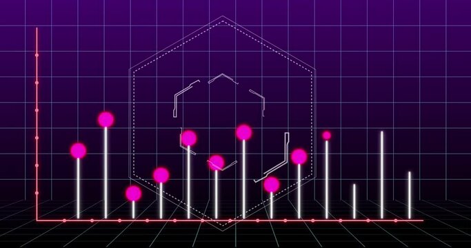 Animation of statistical data processing over grid network and hexagonal shape on purple background
