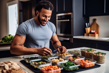 A lifestyle shot of a man enjoying a homemade meal prep with containers filled with nutritious and portioned meals. Generative AI
