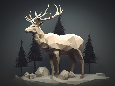 Low poly deer or elk in the forest, AI generated