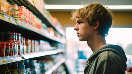 Fototapeta na wymiar teenage boy grocery shopping, independent living or family shopping in supermarket, product shelf with products