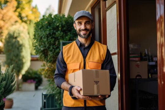 Photo of a courier delivering a package to a residential address. Generative AI
