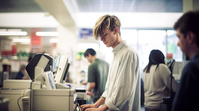 teenage boy is a cashier or self checkout in a supermarket