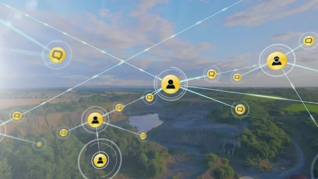 Animation of profile icons connected with lines over aerial view of lake against cloudy sky