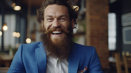 adult man in a very good mood with a full beard and a blue suit, laughing and happy, in a good mood and having fun and joy, in a restaurant, meeting or leisure time, joy of meeting or discussion - obrazy, fototapety, plakaty