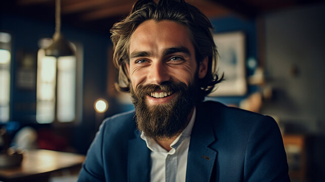 adult man in a very good mood with a full beard and a blue suit, laughing and happy, in a good mood and having fun and joy, in a restaurant, meeting or leisure time, joy of meeting or discussion