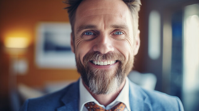 adult man in a very good mood with a full beard and a blue suit, laughing and happy, in a good mood and having fun and joy, in a restaurant, meeting or leisure time, joy of meeting or discussion