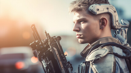an armed man, AI combat suit support, in a city, caucasian, machine gun, fictional event