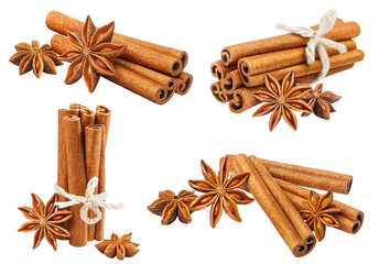 Collection of delicious cinnamon sticks and star anise, cut out