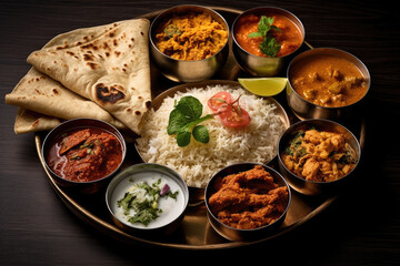 Typical curry set meal of meals south India with Chicken Tandoori, Mutton Curry, Subji (Vegetarian Curry), Papadum,Nan,Raita (Yogurt with cucumber), Mutter Paneer and Pulao Rice - obrazy, fototapety, plakaty